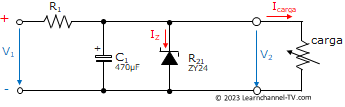 Diodo Zener como Regulador de tensión - diagrama del circuito