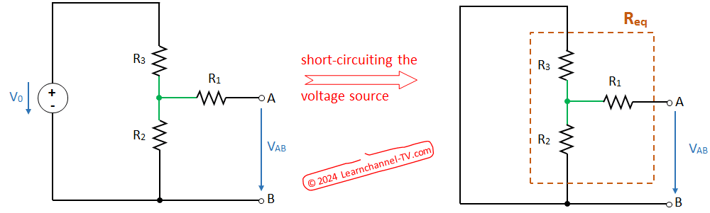 Equivalent voltage source exercise - Theorem of Thevenin - determine the equivalent internal resistance